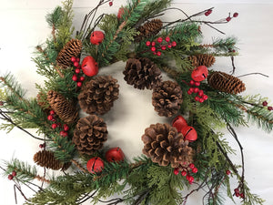 24” Wreath - Red Bell, Berry, Pine