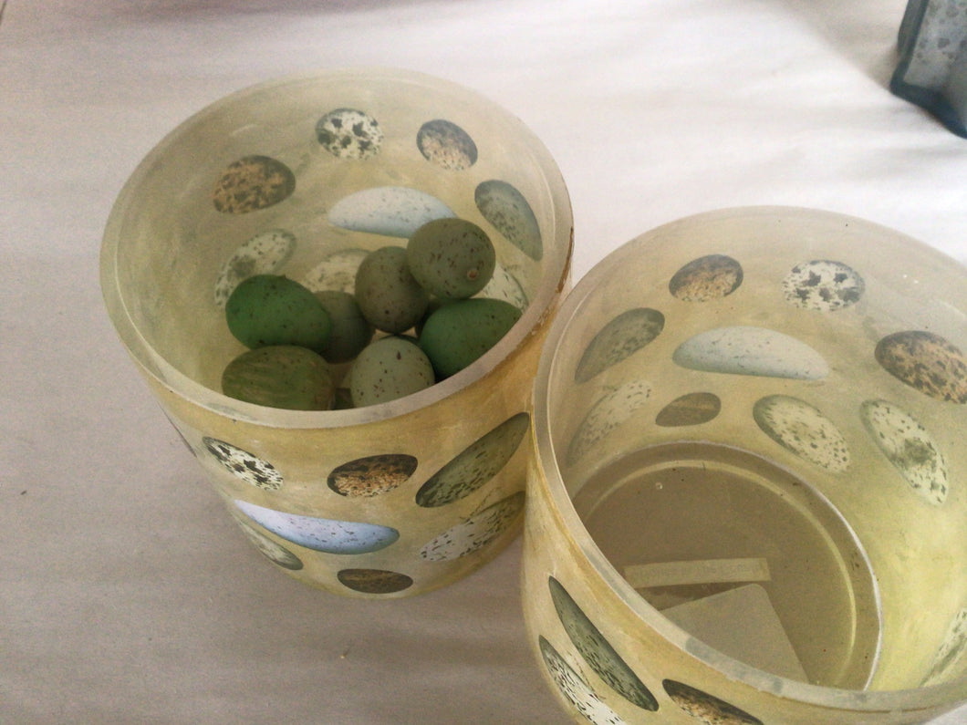 Cylinder Candle Vase - Eggs 3.5”ID x4”H Glass W/Egg Print