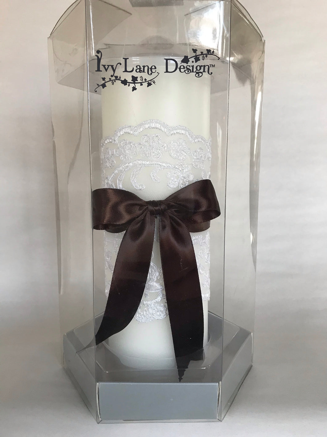 Chantilly Lace Wedding Pillar 3x9 - Chocolate Ribbon